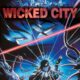 A city rests on the top of a red "Wicked City." Below, a woman stares to the side. Below her is a man with a gun, broken glass fragmenting his body as monsters attack from all angles.