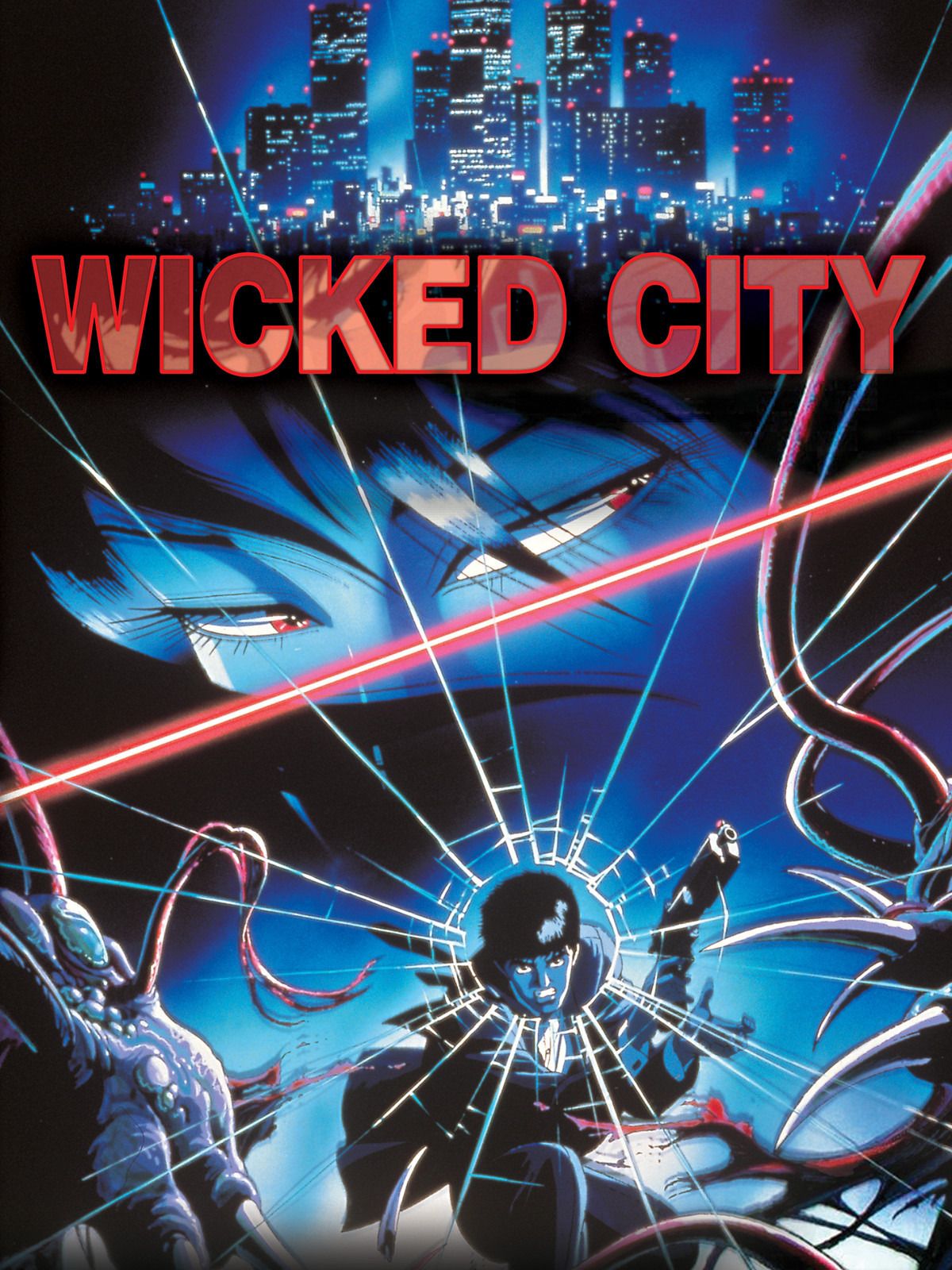 A city rests on the top of a red "Wicked City." Below, a woman stares to the side. Below her is a man with a gun, broken glass fragmenting his body as monsters attack from all angles.