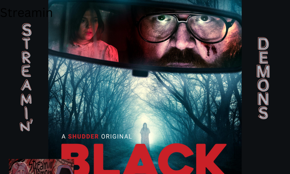 Picture of Black Cab poster with Black Cap in red letter and nick frost looking at a rear view mirror. Streamin Demons logo on side