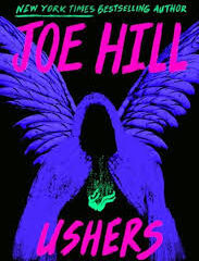 Book cover Joe Hill Ushers. Shadow figure with bright purple bird wings.