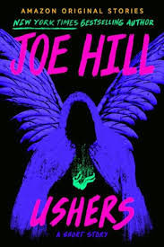 Book cover Joe Hill Ushers. Shadow figure with bright purple bird wings.