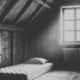 attic room with a small mattress on the floor, dim natural light streaming through a dusty window, and scratched walls featuring carvings of children playing. The atmosphere is eerie and evokes a sense of isolation and despair