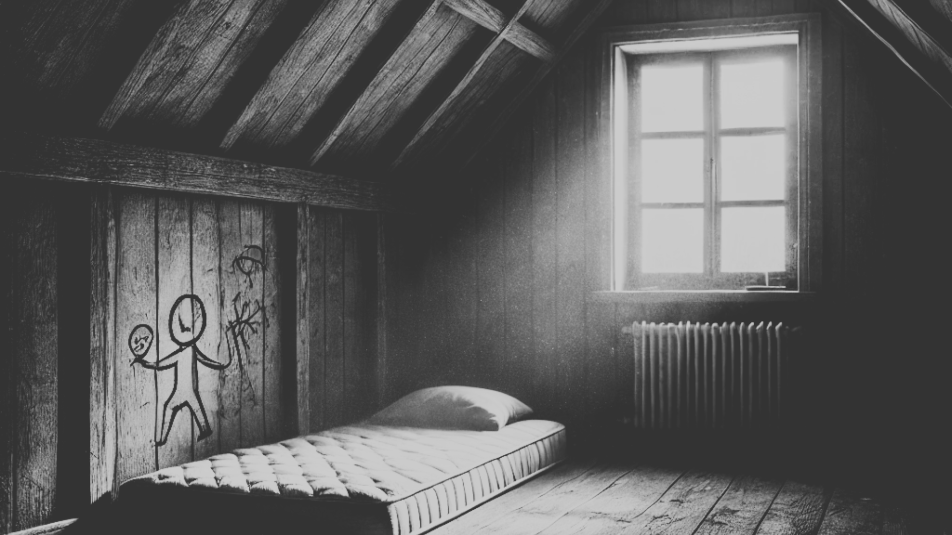 attic room with a small mattress on the floor, dim natural light streaming through a dusty window, and scratched walls featuring carvings of children playing. The atmosphere is eerie and evokes a sense of isolation and despair