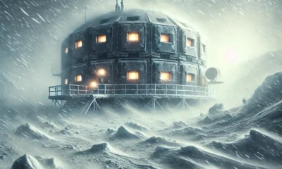 Arctic research station surrounded by snow and ice during a violent storm. Dim light glows from the habitat's windows, while snow swirls furiously in the air, creating a bleak and unsettling atmosphere of isolation and dread.