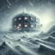 Arctic research station surrounded by snow and ice during a violent storm. Dim light glows from the habitat's windows, while snow swirls furiously in the air, creating a bleak and unsettling atmosphere of isolation and dread.