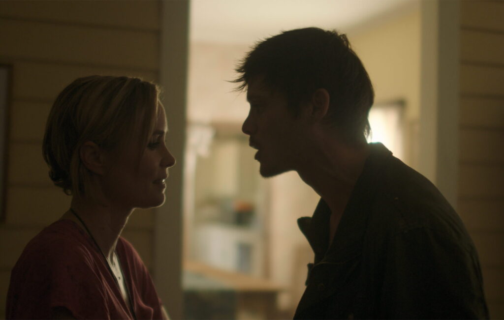 A man and a woman talk within a living room setting.