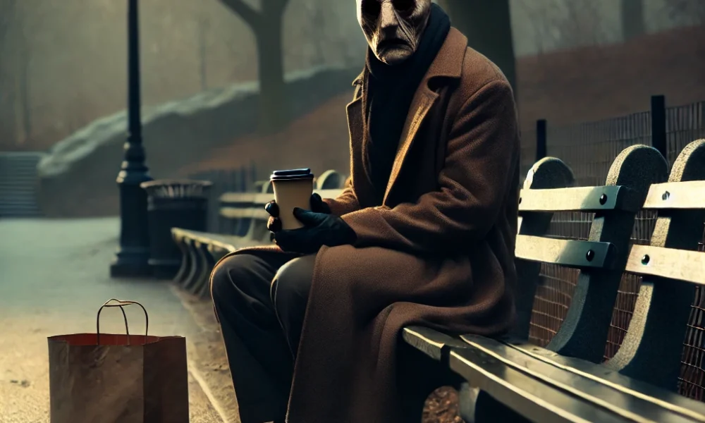 "A sinister figure sitting on a bench in Central Park at dawn, with empty coffee cups and a brown paper bag nearby. The figure's shadowed face and taut skin evoke unease, fitting the theme of a predatory transformation story."