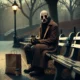 "A sinister figure sitting on a bench in Central Park at dawn, with empty coffee cups and a brown paper bag nearby. The figure's shadowed face and taut skin evoke unease, fitting the theme of a predatory transformation story."