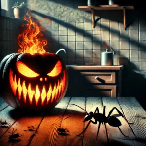 "A sinister jack-o'-lantern glowing with fire, sitting on a table in a dimly lit kitchen. The pumpkin has sharp teeth and menacing eyes, surrounded by an eerie atmosphere with faint shadows of wood and insects."