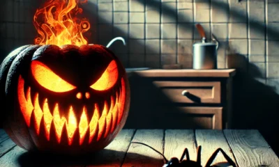 "A sinister jack-o'-lantern glowing with fire, sitting on a table in a dimly lit kitchen. The pumpkin has sharp teeth and menacing eyes, surrounded by an eerie atmosphere with faint shadows of wood and insects."