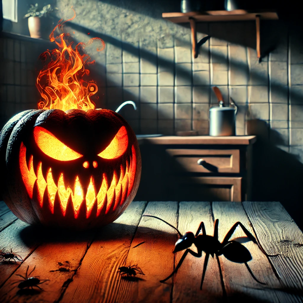 "A sinister jack-o'-lantern glowing with fire, sitting on a table in a dimly lit kitchen. The pumpkin has sharp teeth and menacing eyes, surrounded by an eerie atmosphere with faint shadows of wood and insects."