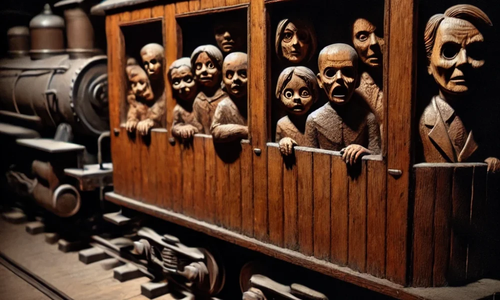 "A vintage model train set in a dimly lit room, featuring eerie wooden figurines with expressions of horror inside the train cars. Shadows and low lighting enhance the unsettling and haunted atmosphere."