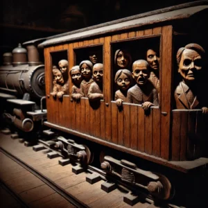 "A vintage model train set in a dimly lit room, featuring eerie wooden figurines with expressions of horror inside the train cars. Shadows and low lighting enhance the unsettling and haunted atmosphere."