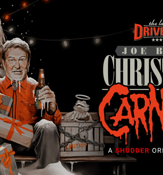 Joe Bob's Christmas Carnage poster featuring Joe Bob Briggs and Darcy for The Last Drive-In Shudder Original Series. Joe Bob sits on a bench with gifts and a beer, while Darcy holds a chainsaw, both in festive attire against a dark background with string lights.