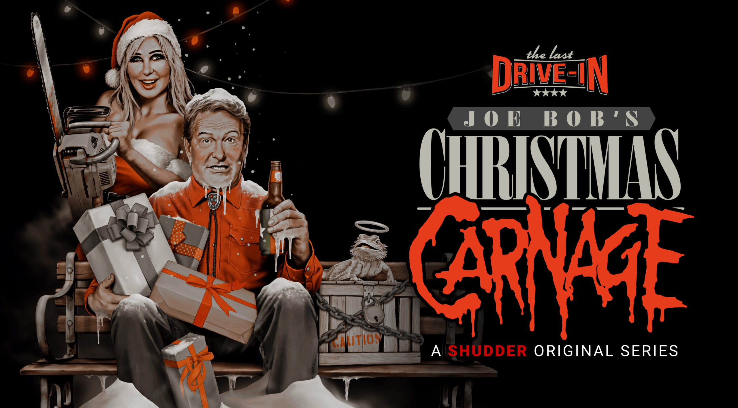 Joe Bob's Christmas Carnage poster featuring Joe Bob Briggs and Darcy for The Last Drive-In Shudder Original Series. Joe Bob sits on a bench with gifts and a beer, while Darcy holds a chainsaw, both in festive attire against a dark background with string lights.