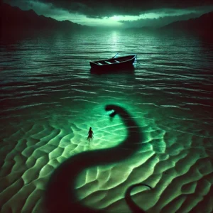 "A dark and eerie ocean scene at dusk with a small boat drifting in The Shallows. The water glows faintly with green light, rippling unnaturally, while the shadow of a massive serpentine creature looms beneath the surface. The atmosphere is ominous and haunting."