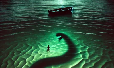 "A dark and eerie ocean scene at dusk with a small boat drifting in The Shallows. The water glows faintly with green light, rippling unnaturally, while the shadow of a massive serpentine creature looms beneath the surface. The atmosphere is ominous and haunting."