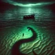 "A dark and eerie ocean scene at dusk with a small boat drifting in The Shallows. The water glows faintly with green light, rippling unnaturally, while the shadow of a massive serpentine creature looms beneath the surface. The atmosphere is ominous and haunting."