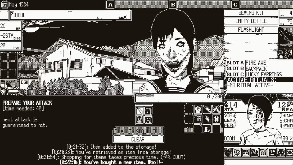 A ghoulish girl looks at the viewer. Below is a combat system. To the right side is the player character stats. To the upper left is the ghoul's stats