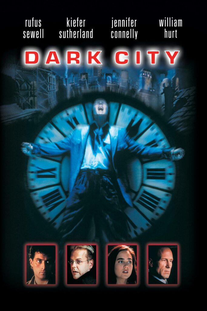 Dark City written in red. A man stands crucified over a cross. Below are four people looking in different directions.