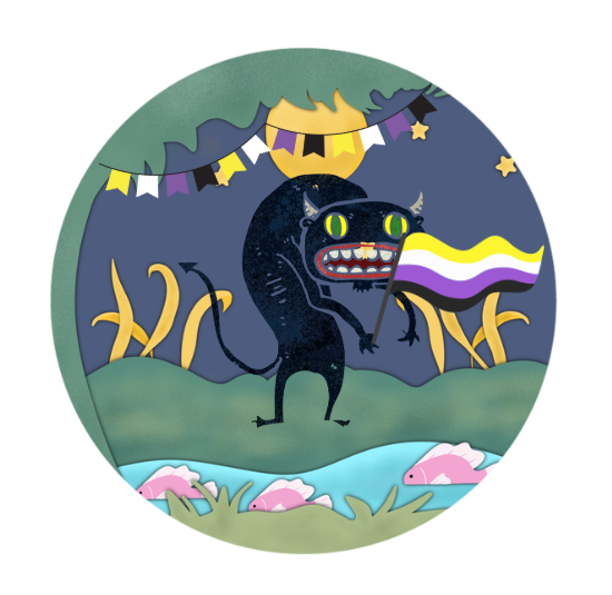 a cryptid monster in the woods with nonbinary flags