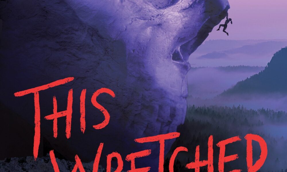 This Wretched Valley book cover. Purple cliff shed like a skull with climber hanging