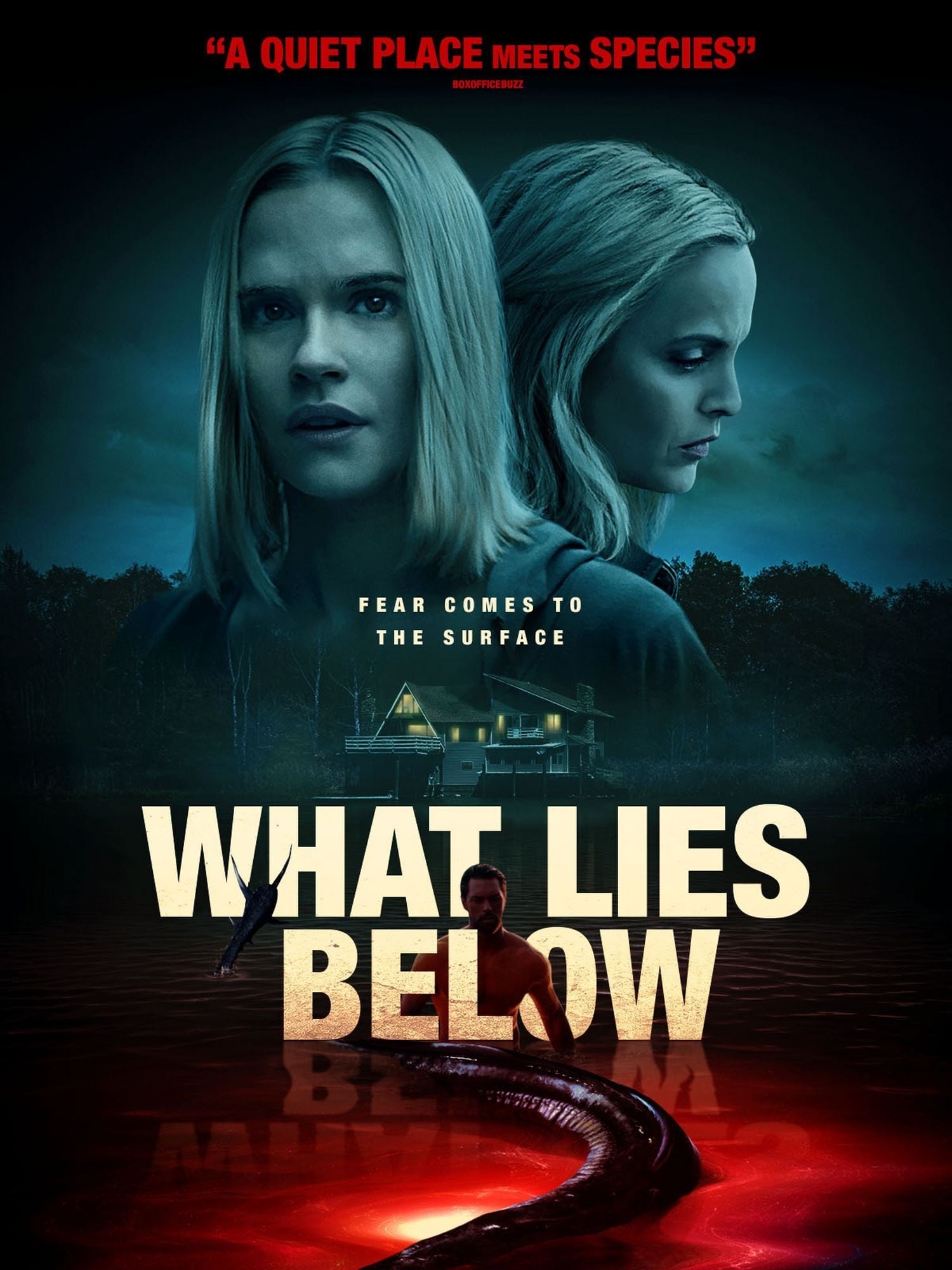 Two women look at odds at the top of the cover, below reads What Lies Below. Beneath the title is a worm-like creature highlighted with red light