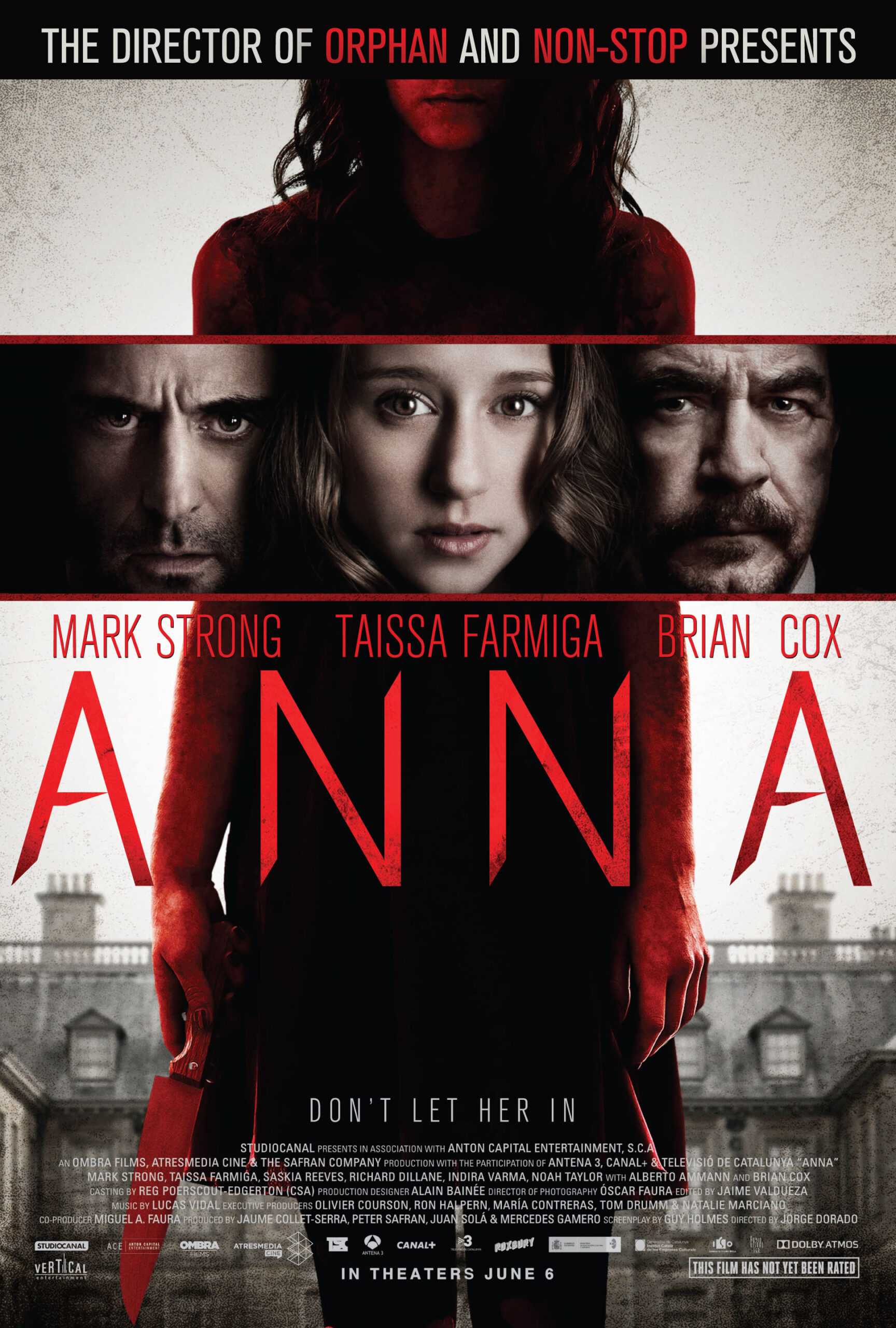 A woman with a knife and tinted red stands before a manor. A cut of her between two men appears in front of her. Below that image reads Anna.