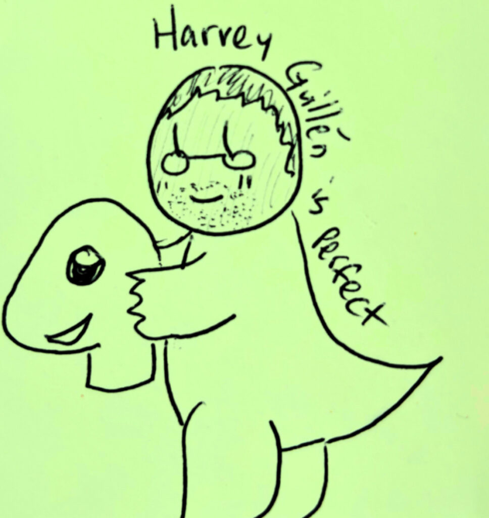 Harvey Guillen in a dinosaur outfit and it says, "Harvey Guillen is perfect."