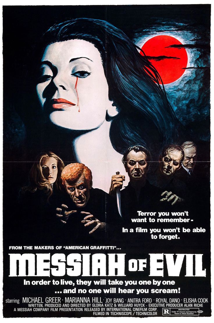 A pale woman stares at the viewer with a bleeding tear. Below her are robbed figures looking to do harm. The cover reads "Messiah of Evil."