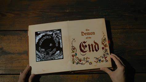 Hands open a popup book. The right side reads "The Demon of the End" and the left shows a vast void with creatures swarming around it.