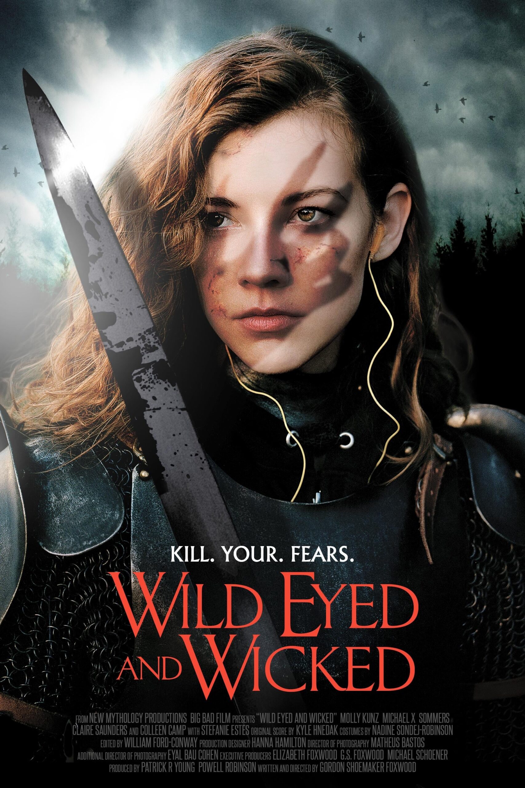 A woman wields a sword that reflects the sun. Over her face is the shadow of a monstrous hand. Below reads "Kill. Your. Fears." with "Wild Eyed and Wicked" written in red.