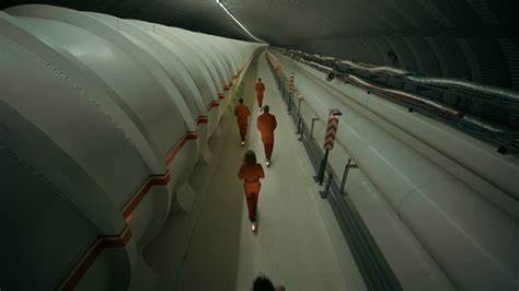 A group of people in orange jumpsuits riding electric scooters. They follow down a pathway beside a strange white tunnel